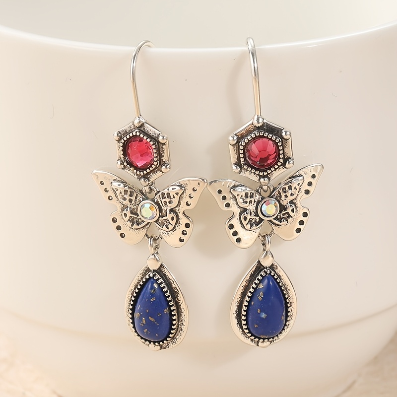 Retro Handcrafted Copper Butterfly Earrings with Turquoise